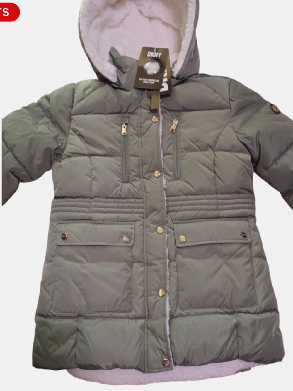 DKNY Kids Olive Green Quilted Puffer Coat with Hood